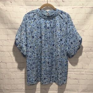 LOFT Blue Floral Smocked Neck Blouse whimsical blouse Woman’s size Large